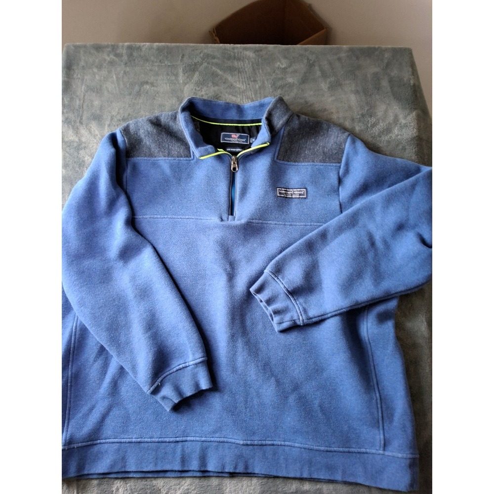 Vineyard Vines Mens XL Shep Shirt Blue Quarter Zip Pullover Sweatshirt Grey Trim